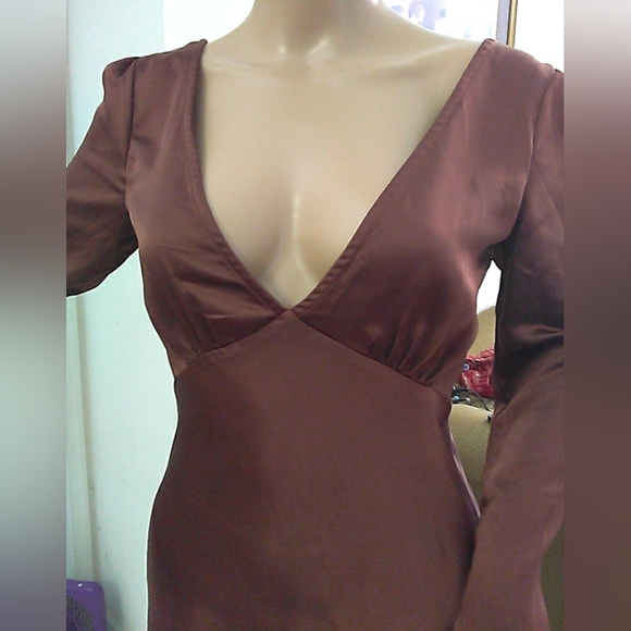 BNWT Princess Polly Brown Sheath Dress W/;Plunge Neckline & Bishop Sleeves SZ. 2 - Picture 3 of 11